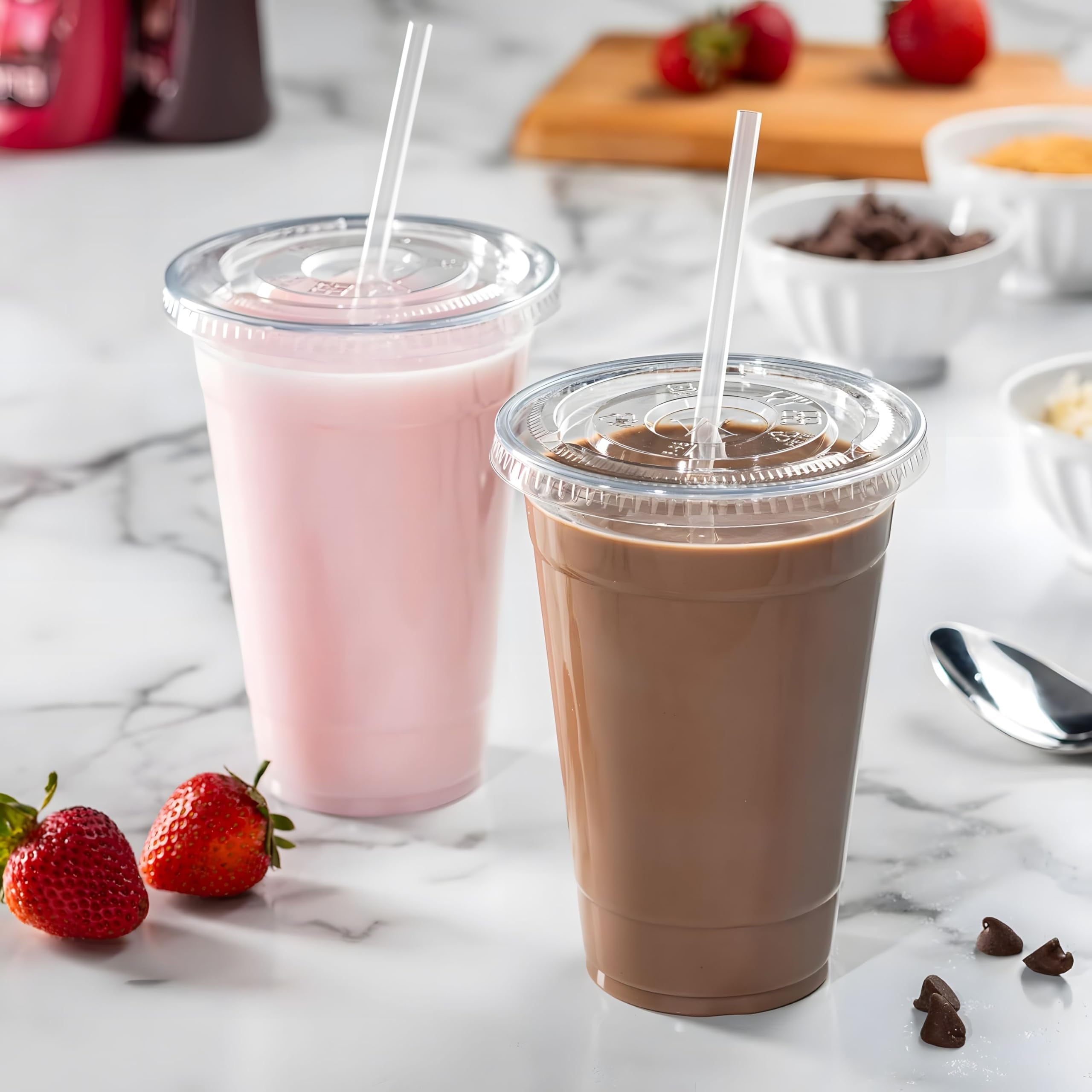Pokanic Plastic Clear Cups [ oz] with Lids and Straws [ Set] Disposable Cold Beverage Drinking Iced Coffee Water Juice Tea Party Travel Cafe School Office Home Kitchen