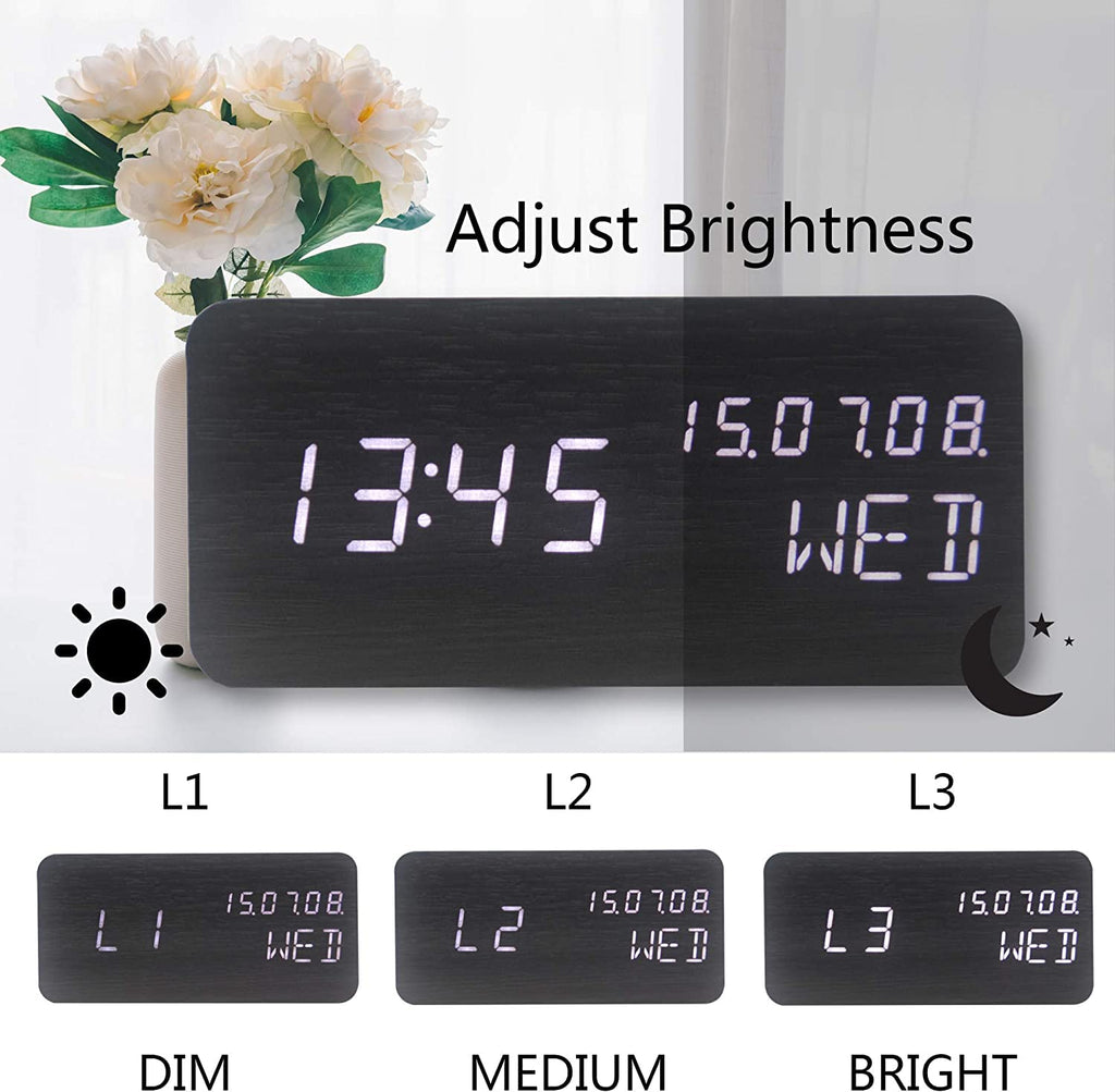 Pokanic Wood Digital Alarm Clock Desk Time, Date(MM/DD/YY), Day of The Week, Temperature, Nightlight Large LED Display Portable Lamp Bedroom, Office, School, Home, Livingroom, Room