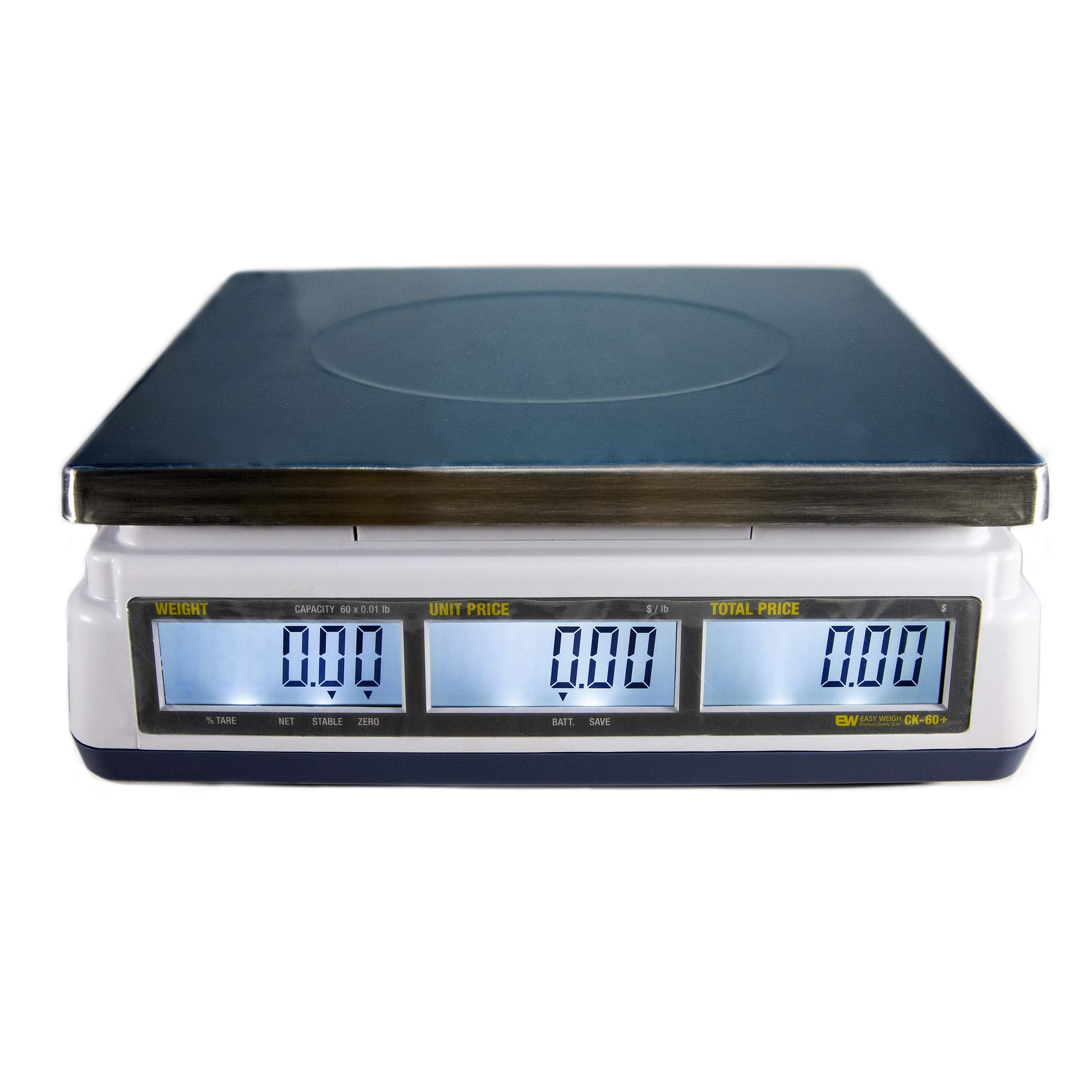 Easy Weigh CK-60 LB x 0.01 Digital Price Computing Scale Rechargeable Battery Operated, NTEP Approval Class III, LCD Display, Portable Compact, Stainless Steel Platter, (60 LB - Interface)