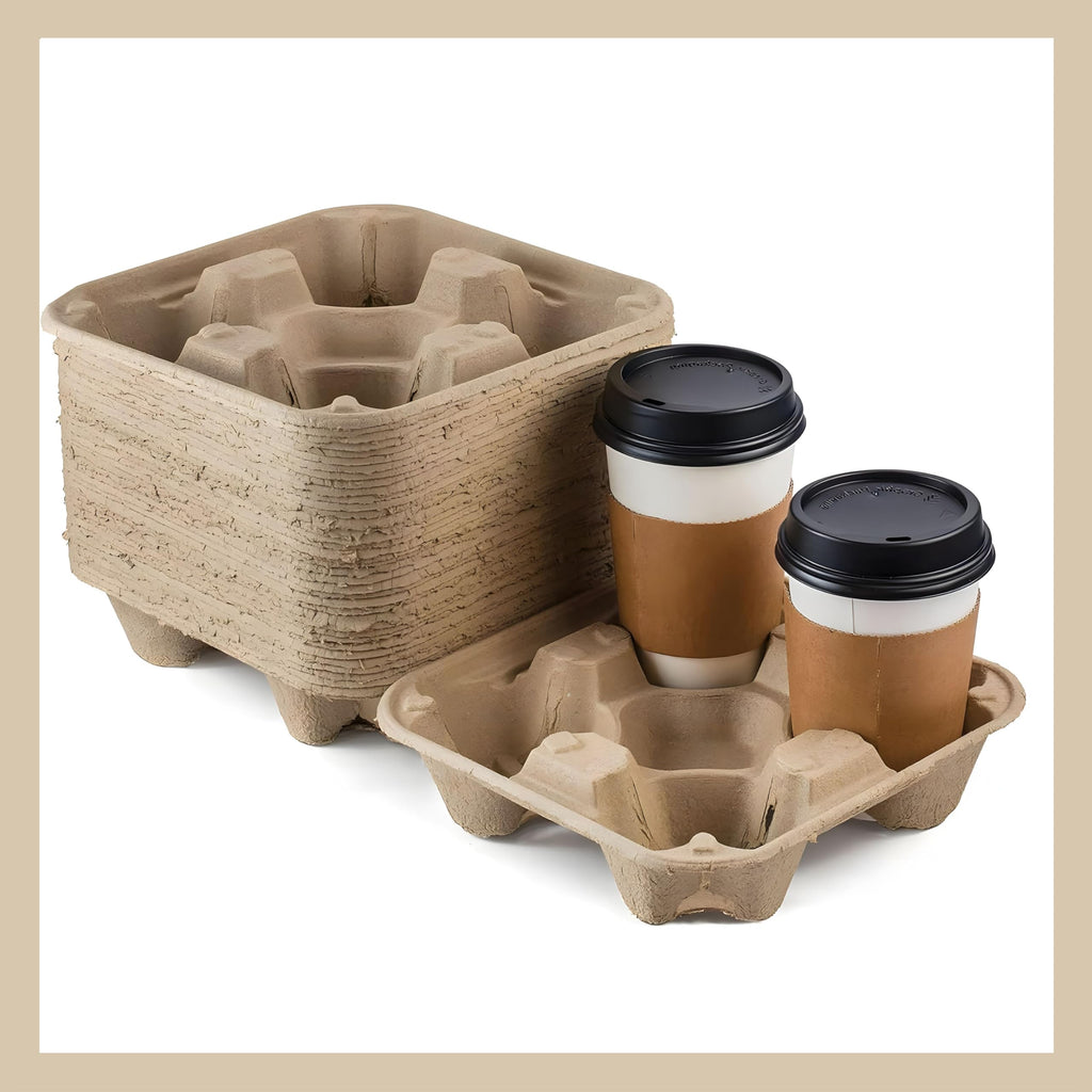 Pokanic 4-Compartment Drink Carrier [ Pack], 8–32 oz No-Spill Biodegradable Eco-Friendly Tray for Hot/Cold Coffee and Beverages, Take-Out Delivery Use ( Pack, 4 Cup-Tray)