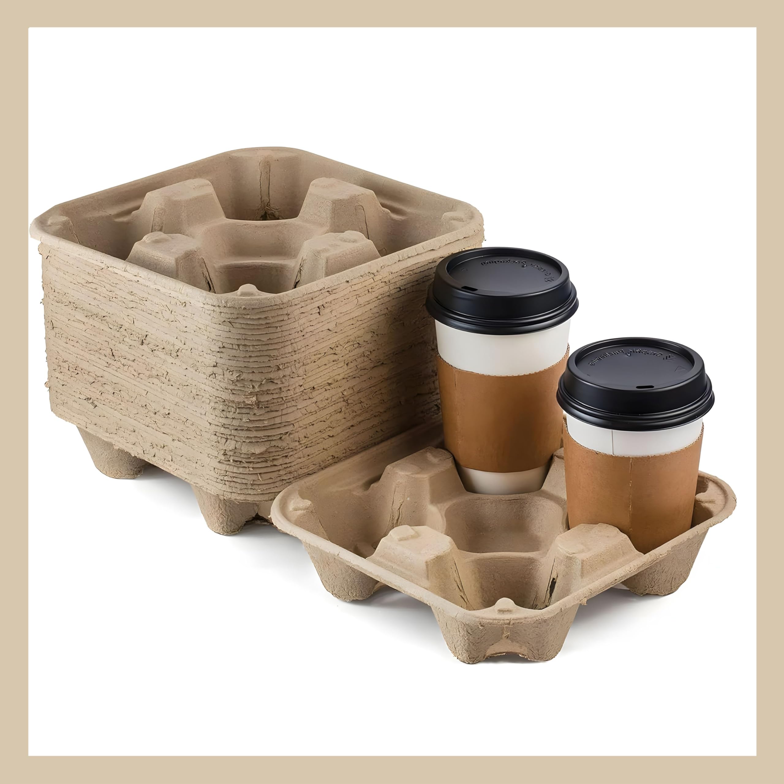 Pokanic 4-Compartment Drink Carrier [ Pack], 8–32 oz No-Spill Biodegradable Eco-Friendly Tray for Hot/Cold Coffee and Beverages, Take-Out Delivery Use ( Pack, 4 Cup-Tray)