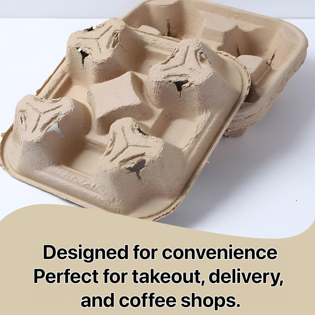 Pokanic 4-Compartment Drink Carrier [ Pack], 8–32 oz No-Spill Biodegradable Eco-Friendly Tray for Hot/Cold Coffee and Beverages, Take-Out Delivery Use ( Pack, 4 Cup-Tray)