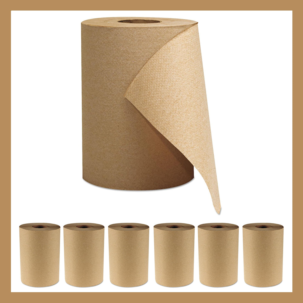 Pokanic Paper Hand Towel 6 Rolls Natural Brown 8" 350 ft 1 Ply Hardwound Universal 100% Recycled Fiber Compatible with Tork Dispensers Restrooms Kitchen