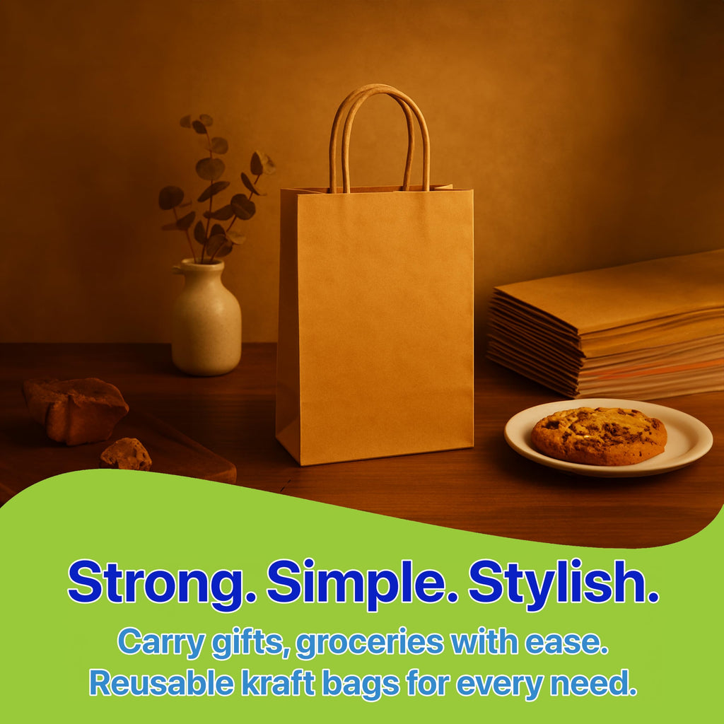 Pokanic Brown Kraft Paper Lunch Bags with Handles – [ Bags] x [ Inch] Reusable & Recyclable, Strong for Meal Prep, To-Go, Takeout, Parties & Small Business Use