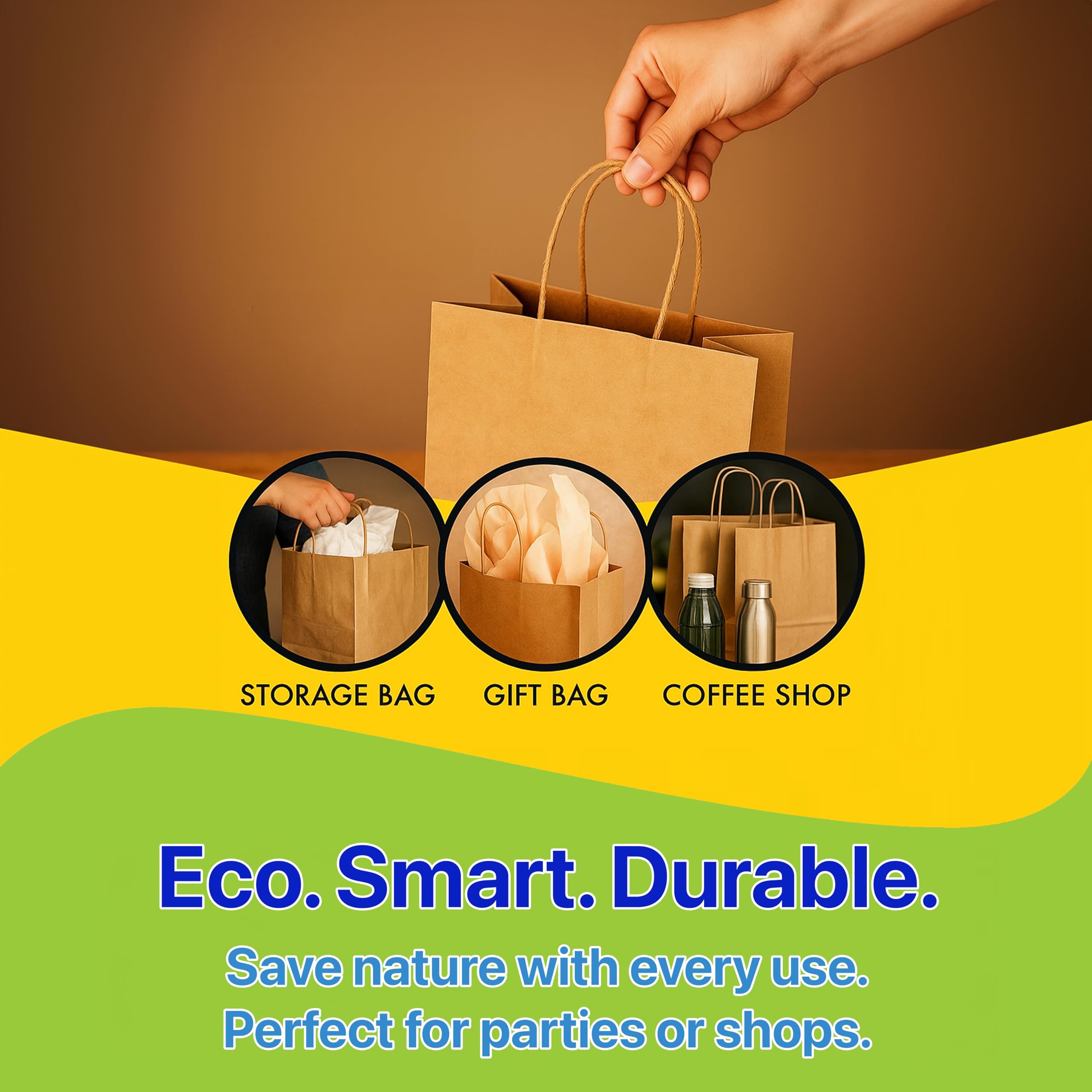Pokanic Brown Kraft Paper Lunch Bags with Handles – [ Bags] x [ Inch] Reusable & Recyclable, Strong for Meal Prep, To-Go, Takeout, Parties & Small Business Use