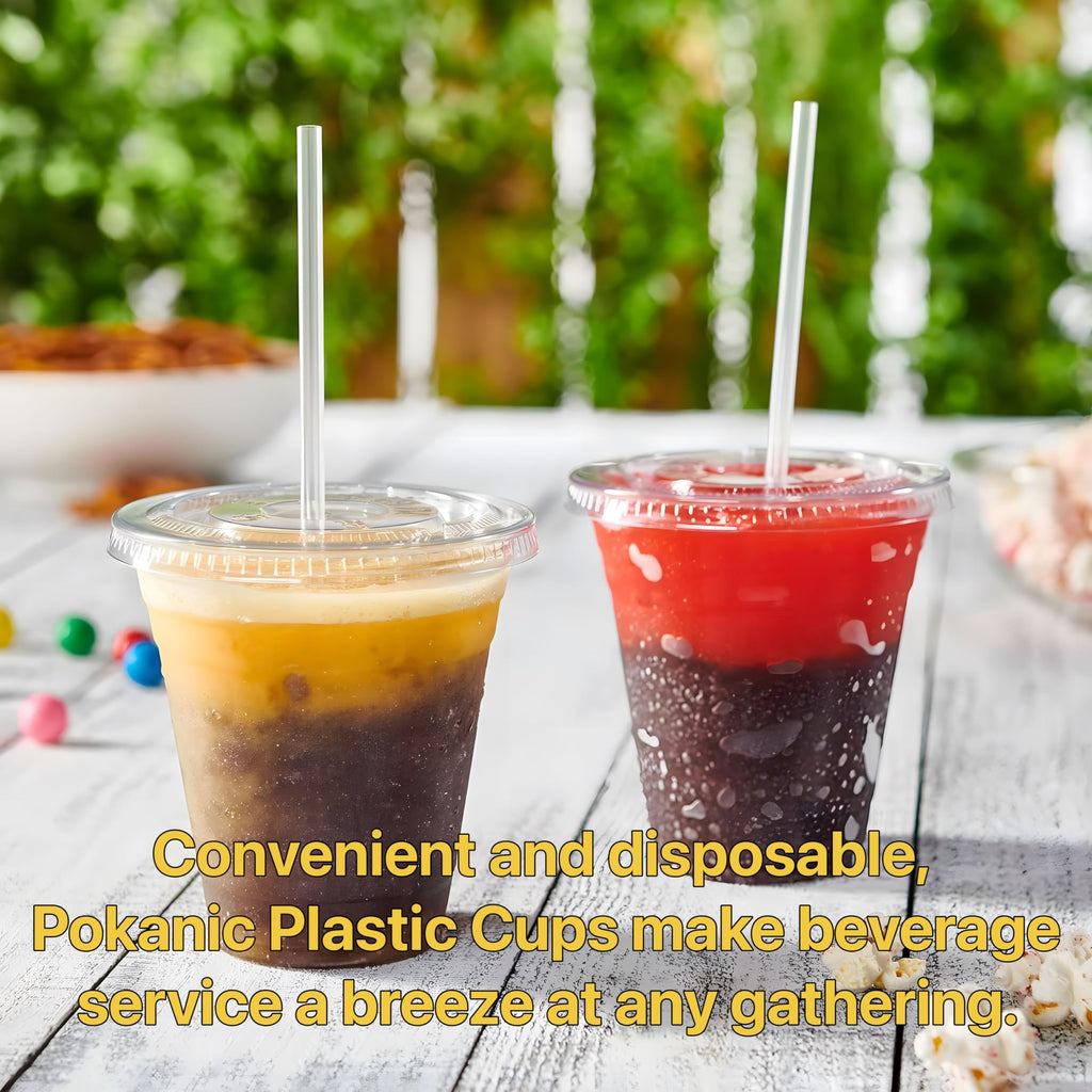 Pokanic Plastic Clear Cups [ oz] with Lids and Straws [ Set] Disposable Cold Beverage Drinking Iced Coffee Water Juice Tea Party Travel Cafe School Office Home Kitchen