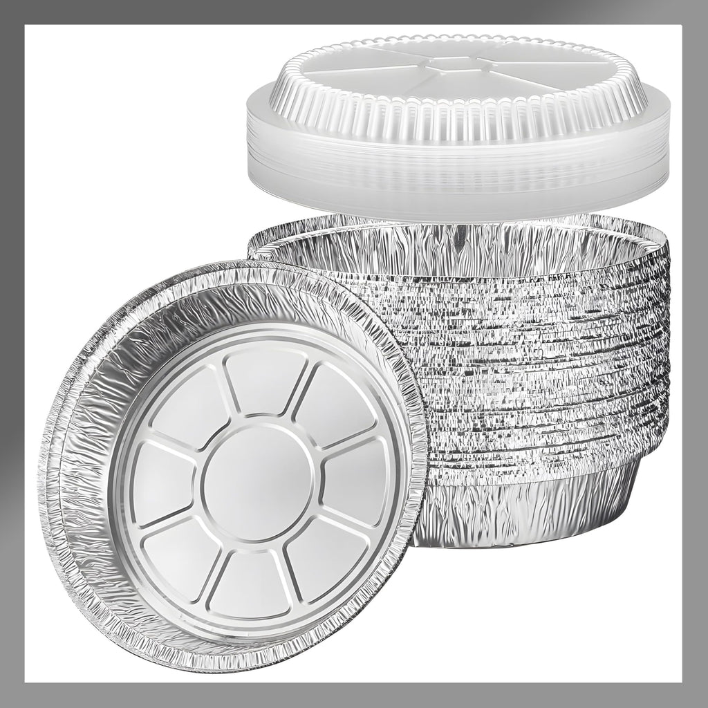 Pokanic Aluminum Foil Pans Round with Clear Dome Lids Recyclable Disposable Containers Straight Walls for Storing, Baking, Meal Prep & Reheating Freezer & Oven Safe