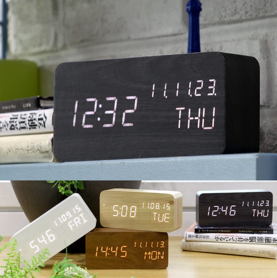 Pokanic Wood Digital Alarm Clock Desk Time, Date(MM/DD/YY), Day of The Week, Temperature, Nightlight Large LED Display Portable Lamp Bedroom, Office, School, Home, Livingroom, Room