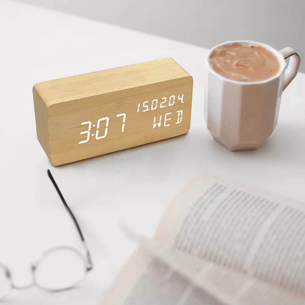 Pokanic Wood Digital Alarm Clock Desk Time, Date(MM/DD/YY), Day of The Week, Temperature, Nightlight Large LED Display Portable Lamp Bedroom, Office, School, Home, Livingroom, Room