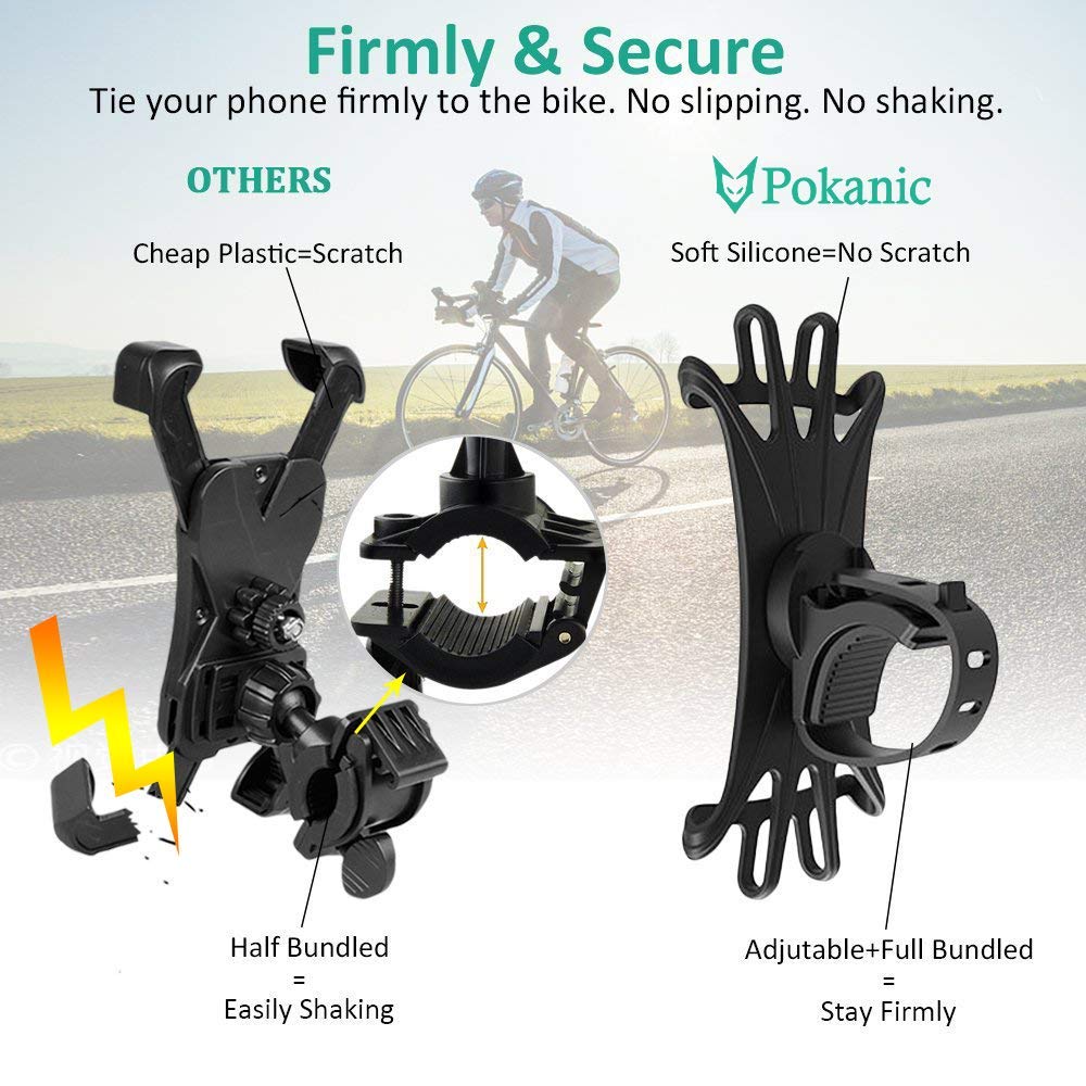Pokanic Bike Cell Phone Mount, Silicone Bike Bicycle Motorcycle MTB Stroller Handlebar, Universal Cycling Holder Fits 360° Rotation Compatible with All Apple iPhone Samsung Galaxy, Google Pixel
